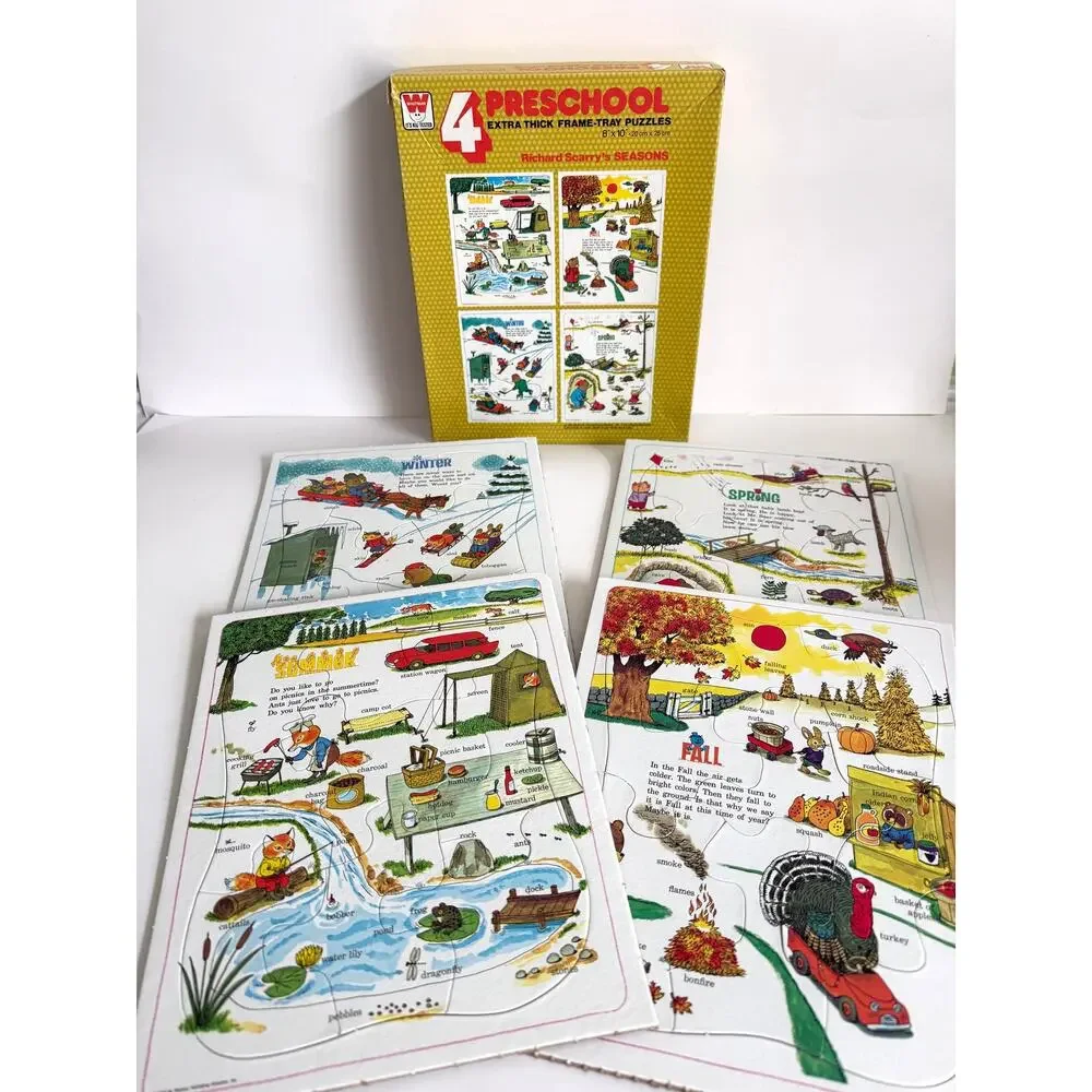 Vintage 1963 Richard Scarry's Seasons Box Set of 4 Frame Tray Puzzles Whitman